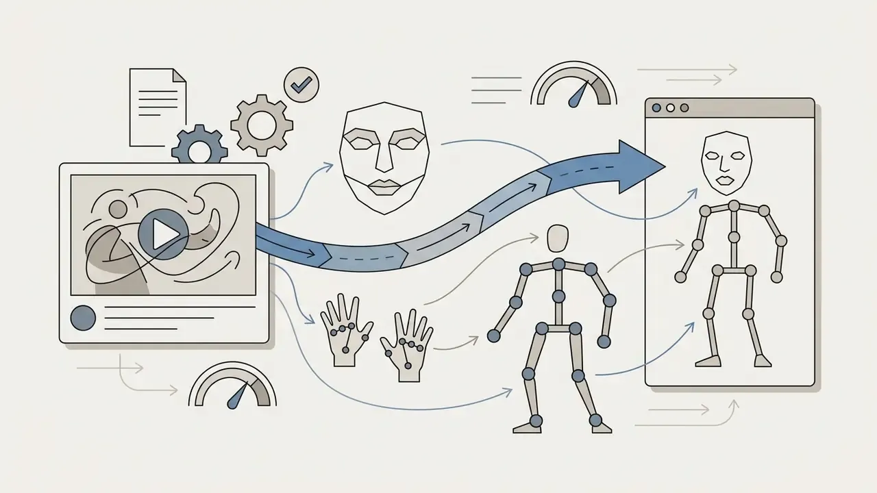 Video input feeding into a motion tracking system to animate character faces, hands, and body skeletons