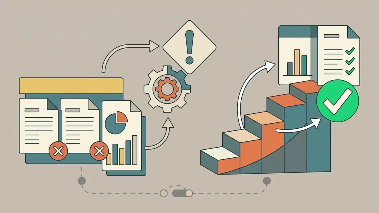 Diagram showing documents with red crosses being processed through a gear to become successful steps