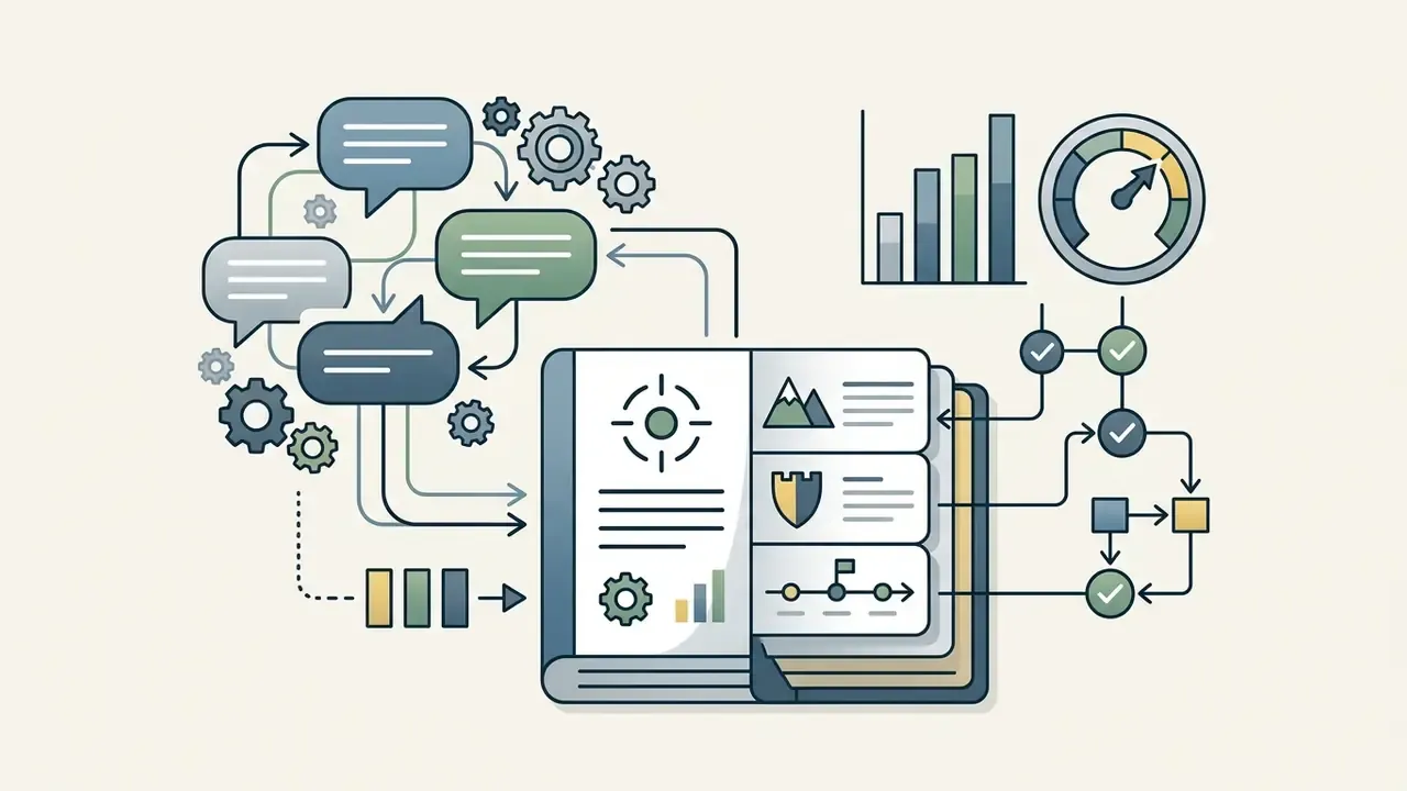 Open book connected to chat bubbles and data flow icons representing knowledge base injection