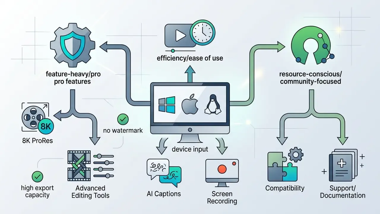 Desktop workstation input branching into professional features and community-focused software categories