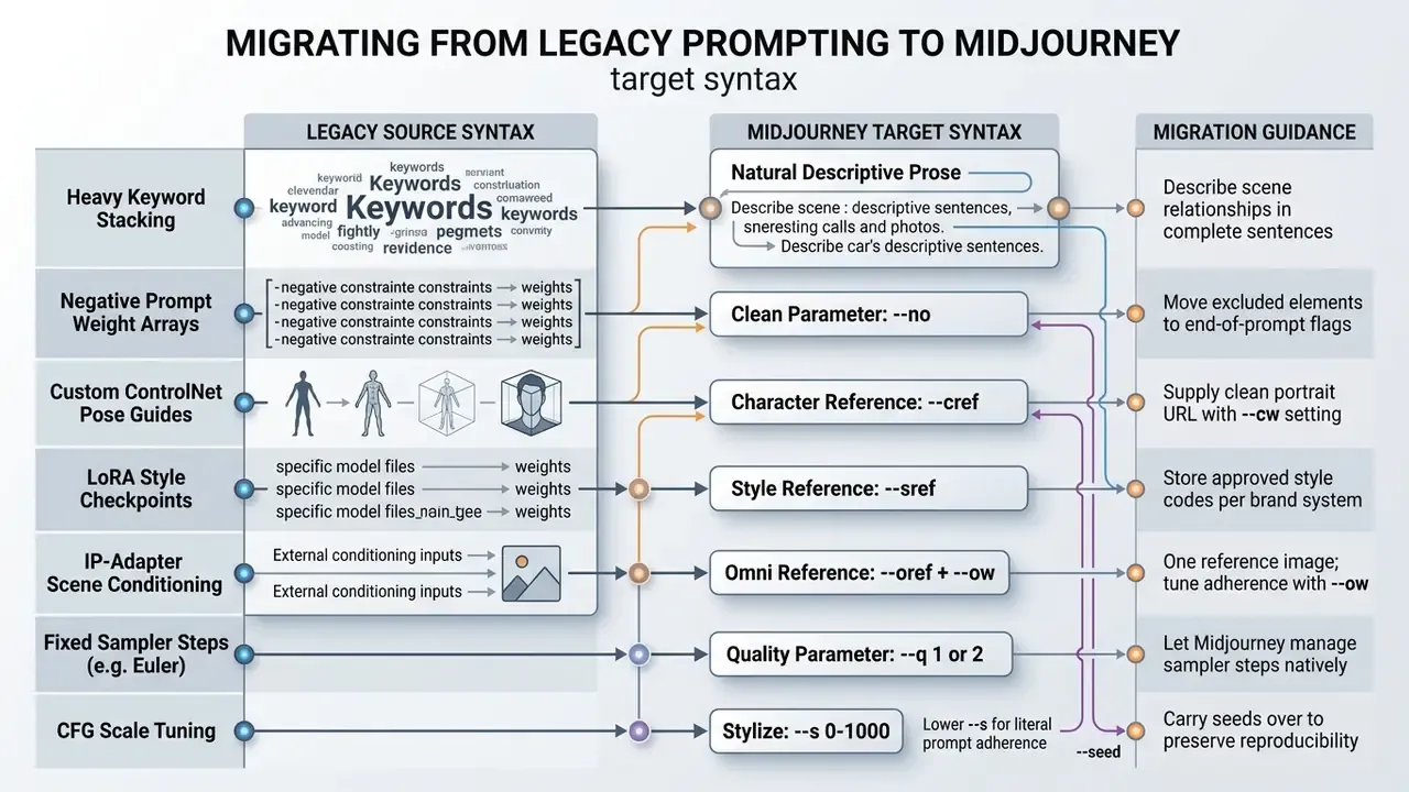 Mapping of legacy prompt syntax to modern Midjourney target syntax with specific migration guidance