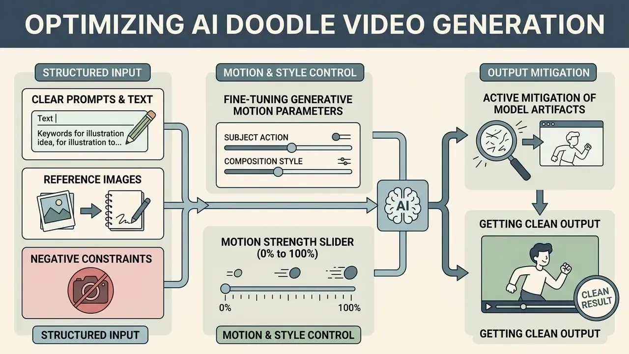 Process diagram showing steps for structured input, motion control, and output refinement for AI videos