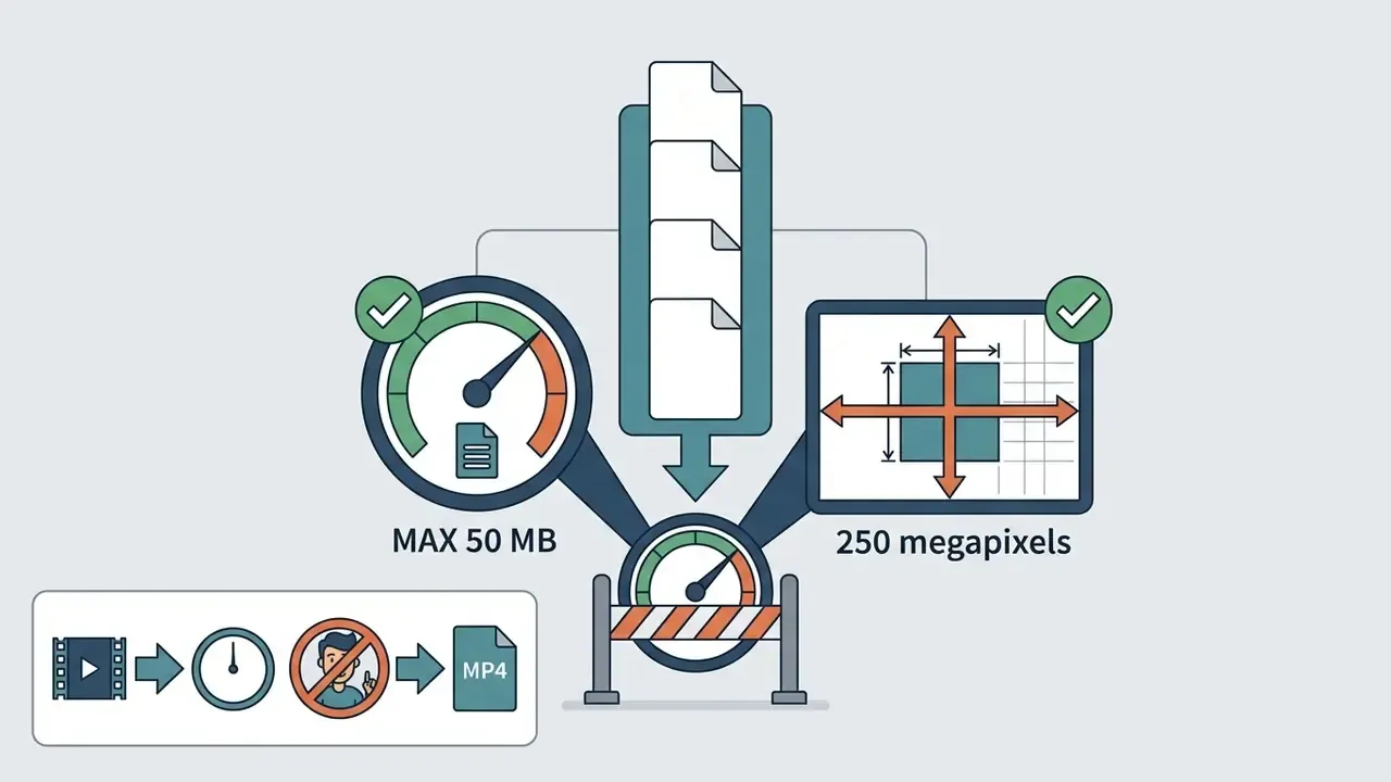 File size and resolution constraints for uploaded media assets shown with gauges and a conversion notice