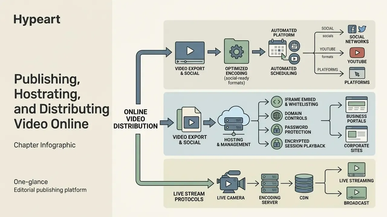 Process map showing workflows for social media export, business platform hosting, and live streaming