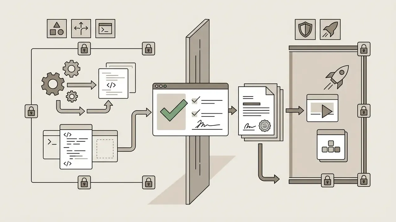 Code and gears flowing through a gate into a signed document and a deployed application environment
