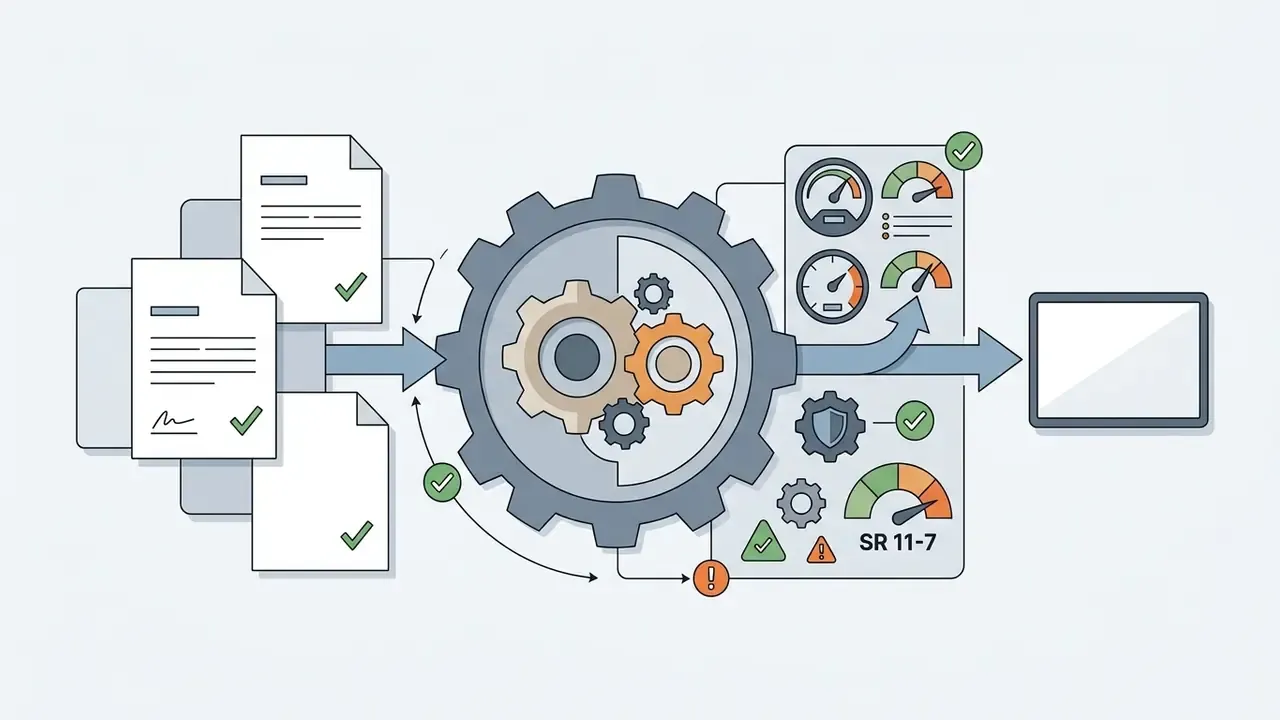 Documents feeding into a gear mechanism connected to compliance gauges and a digital output screen