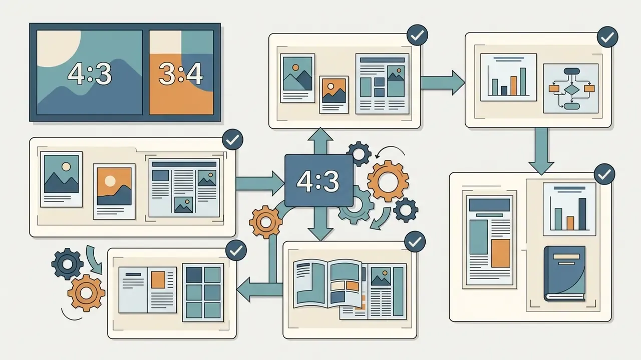 Central gear mechanism connecting various document and image layout options with checkmark indicators