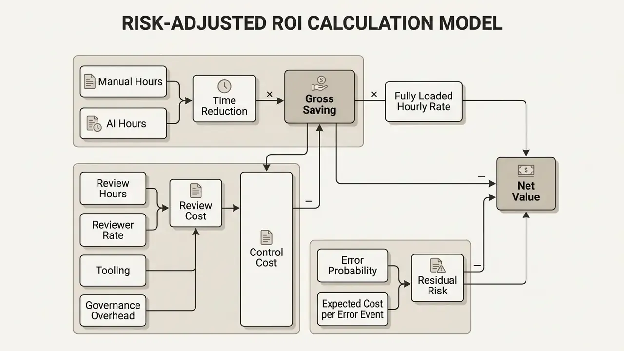 Mathematical formula structure showing how gross savings, control costs, and residual risk define net value