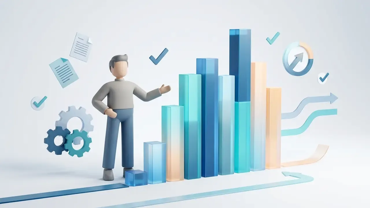 3D character presenting a rising bar chart with floating document icons and mechanical gears