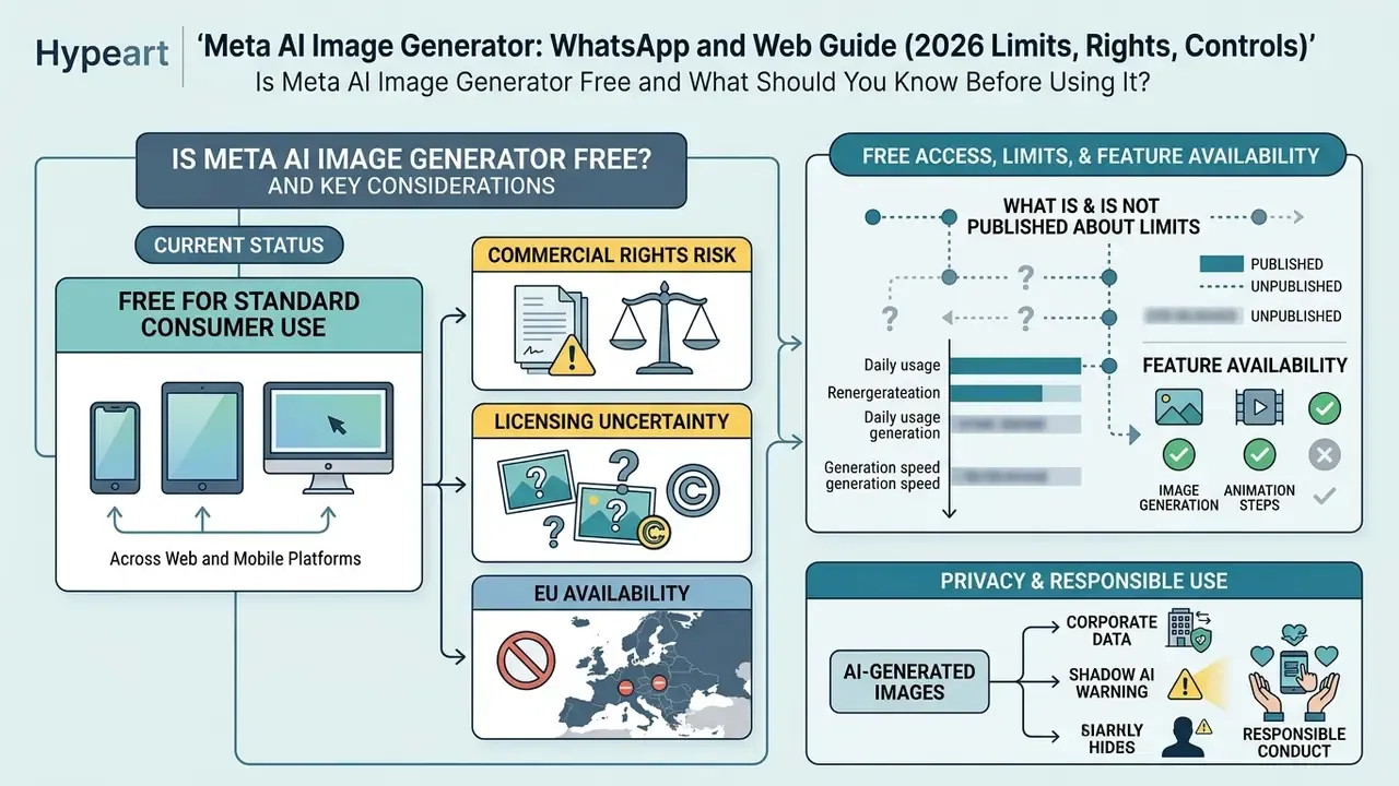 Comprehensive infographic outlining Meta AI image generator usage, commercial risks, and privacy policies