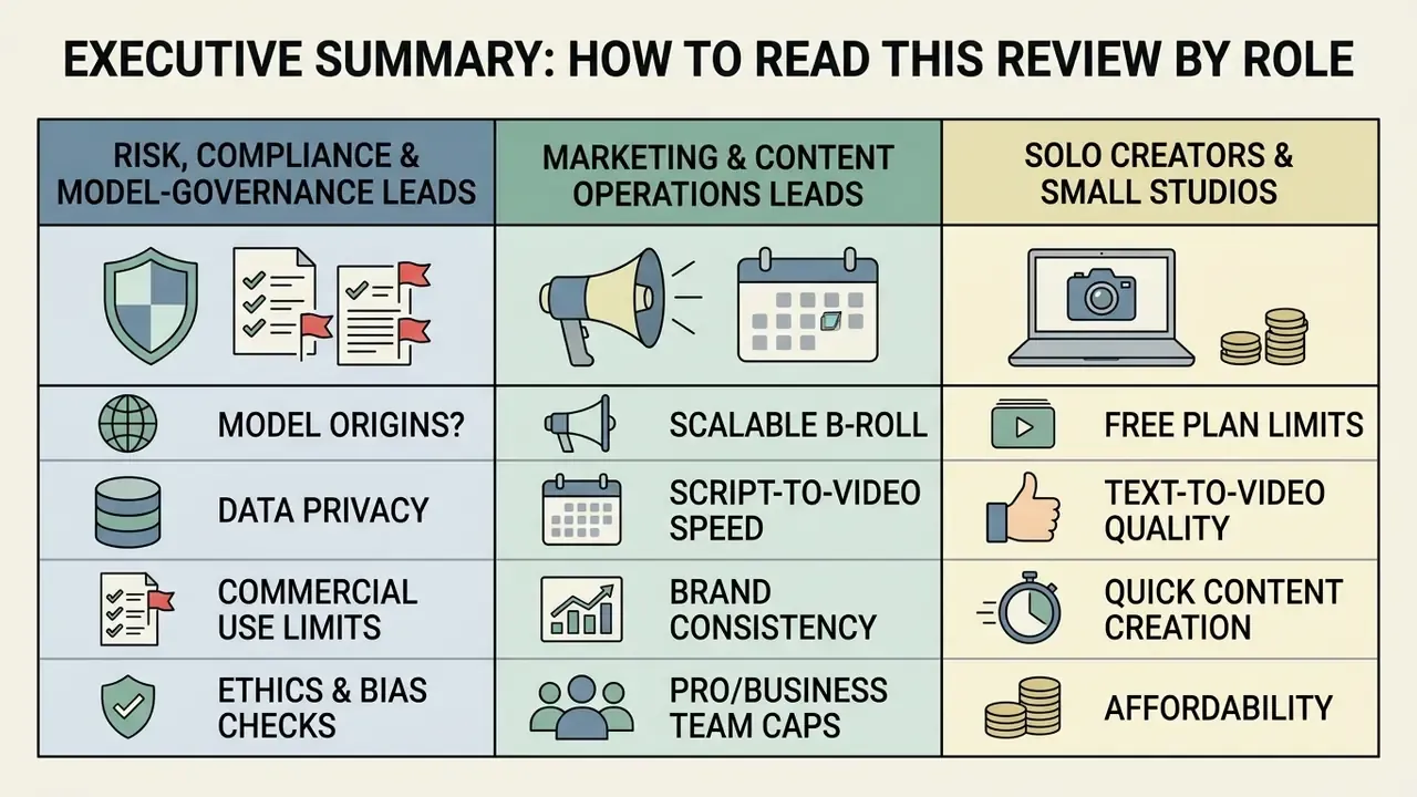 Table categorizing Kapwing AI video generator review topics by user role for risk, marketing, and creators