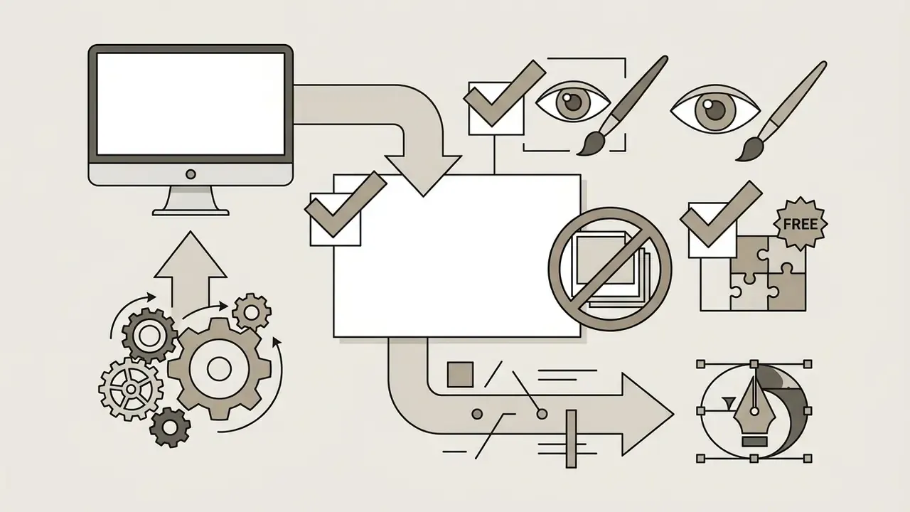 Desktop computer connected to icons representing manual editing tools, no templates, and free software