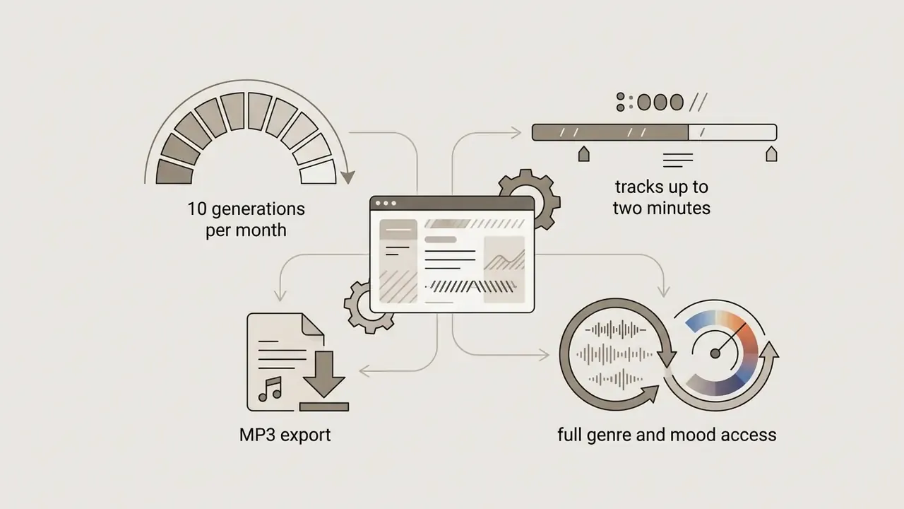 Browser window connected to icons representing generation limits, track duration, file export, and mood settings