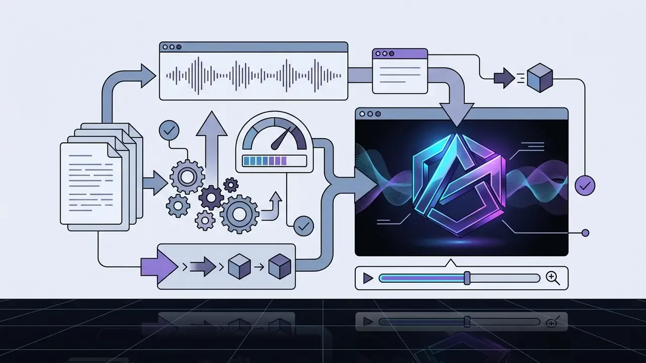 System showing text and audio inputs processed through gears into a neon 3D logo animation