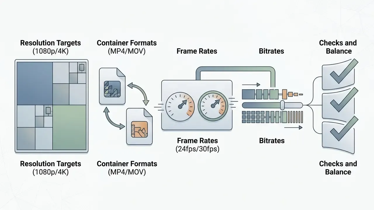 Technical graphic showing resolution, container formats, frame rates, bitrates, and quality check icons