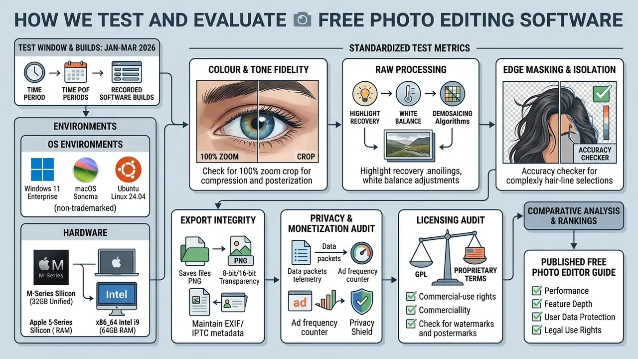 Flowchart detailing technical testing steps for color fidelity, raw processing, and privacy audits