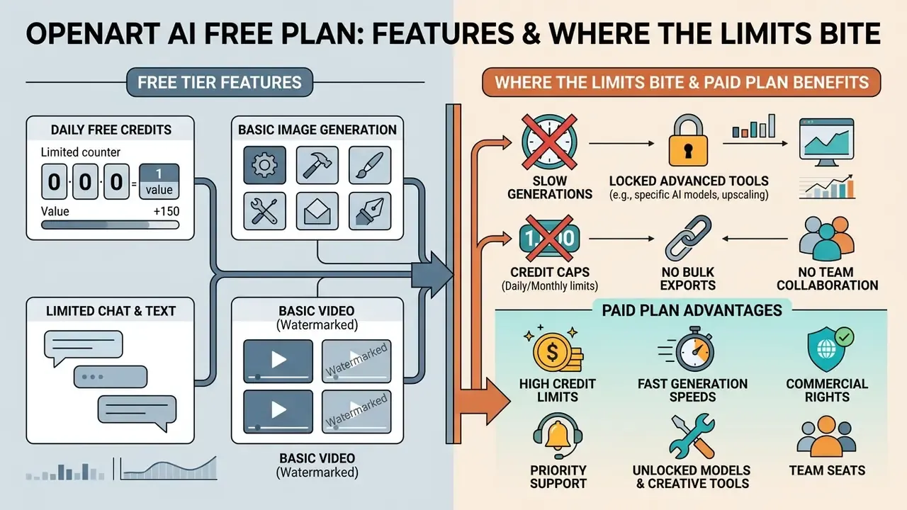 Infographic contrasting OpenArt AI free plan features with paid subscription benefits and usage limits