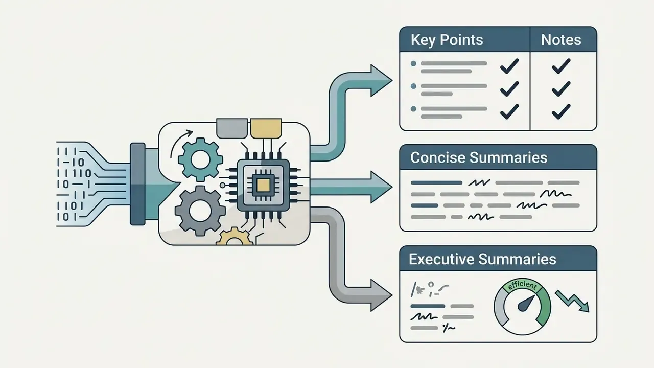 Binary data entering a processor to generate key points, concise summaries, and executive summaries