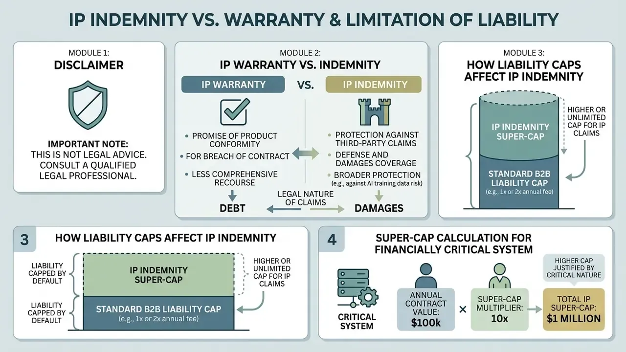 Comparison infographic detailing IP indemnification, liability caps, and super-cap calculation methods