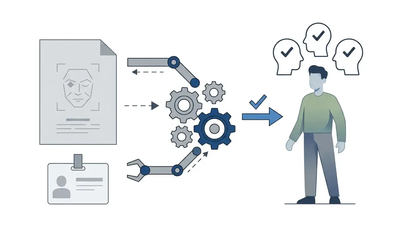 Document with a face scan feeding into mechanical gears that output an illustrated person with identity
