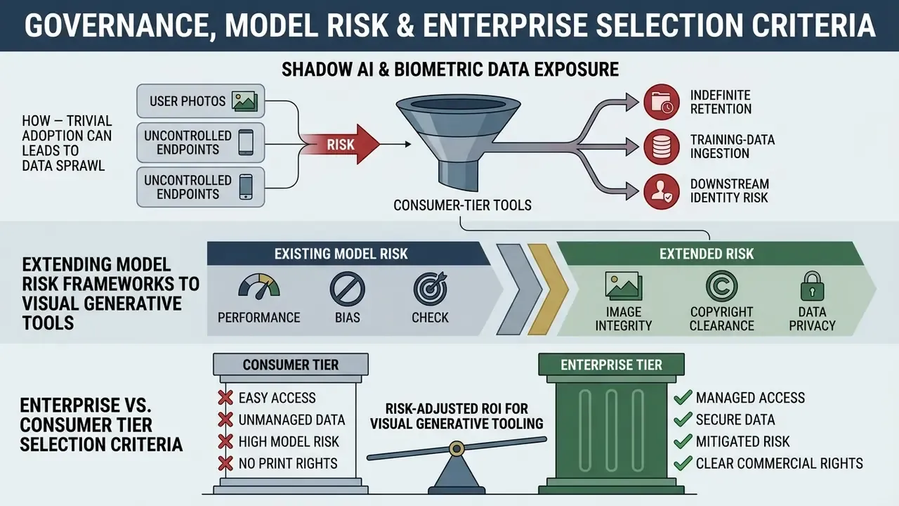 Flowchart showing risks of consumer tools versus enterprise tier selection criteria for generative AI