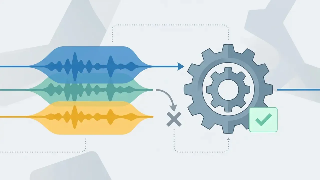 Three stacked audio waveforms with the top one directed into a gear icon and others marked with an X