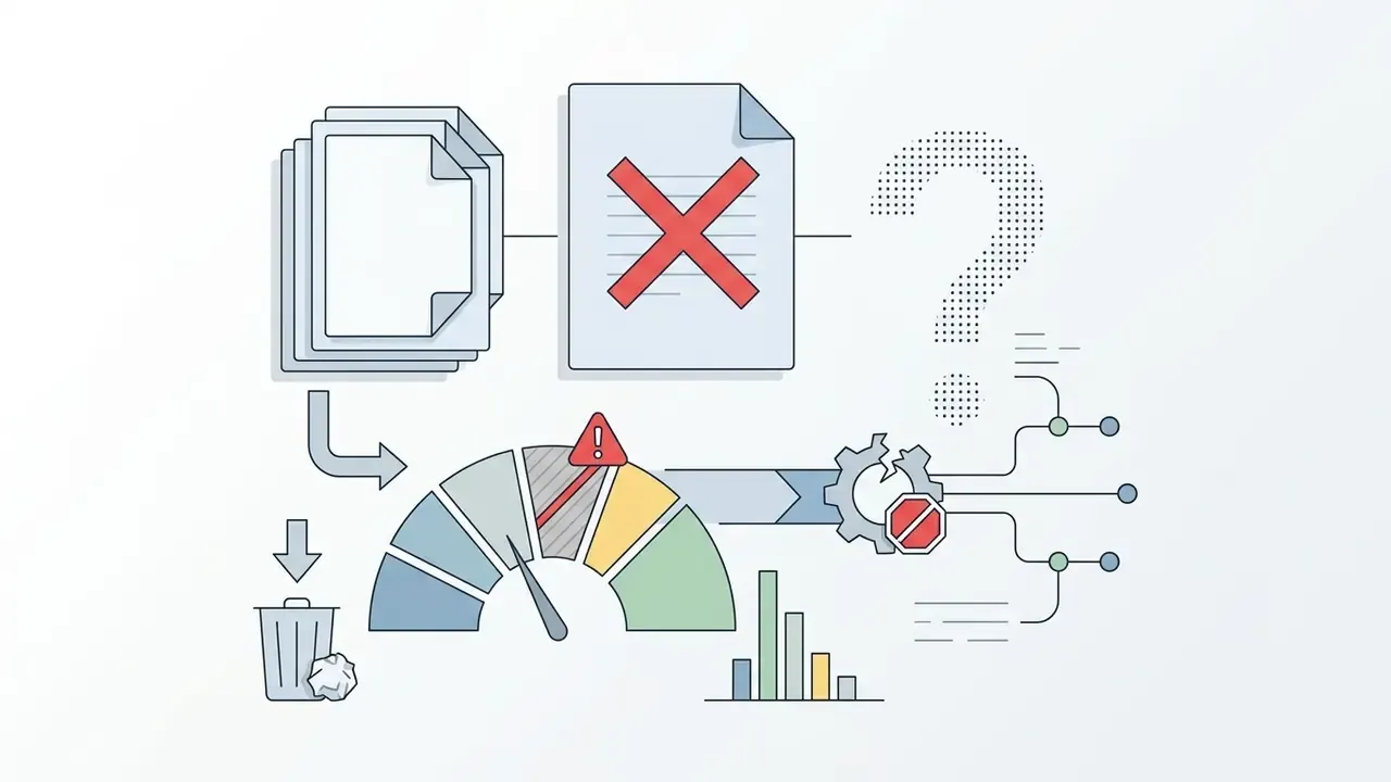 Stack of documents with a red X mark, a gauge with a warning icon, and a broken gear symbol
