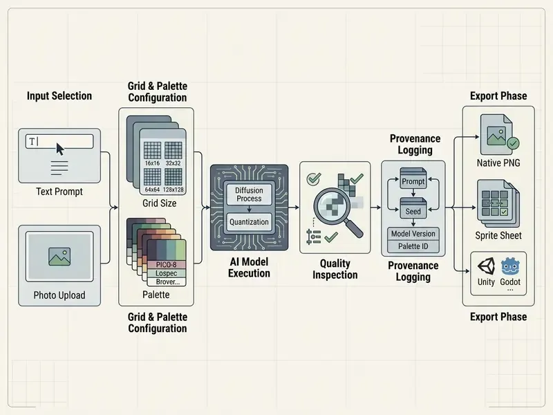 Diagram showing the workflow from input selection and configuration to processing and final file export