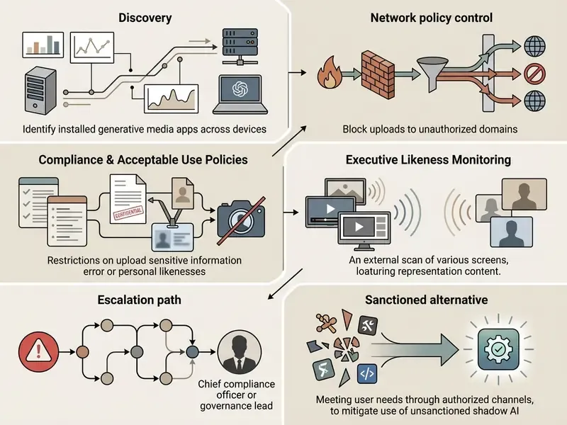 Six steps for managing shadow AI risks including device discovery, network controls, and compliance policies