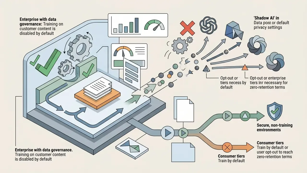 Comparison of data flow paths between secure enterprise environments and consumer AI platforms