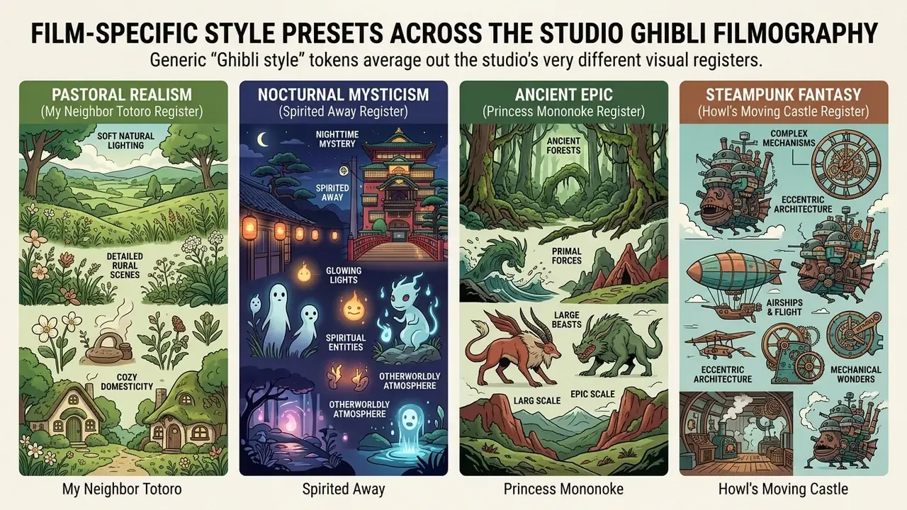 Four vertical panels comparing distinct visual themes from Studio Ghibli films with descriptive labels