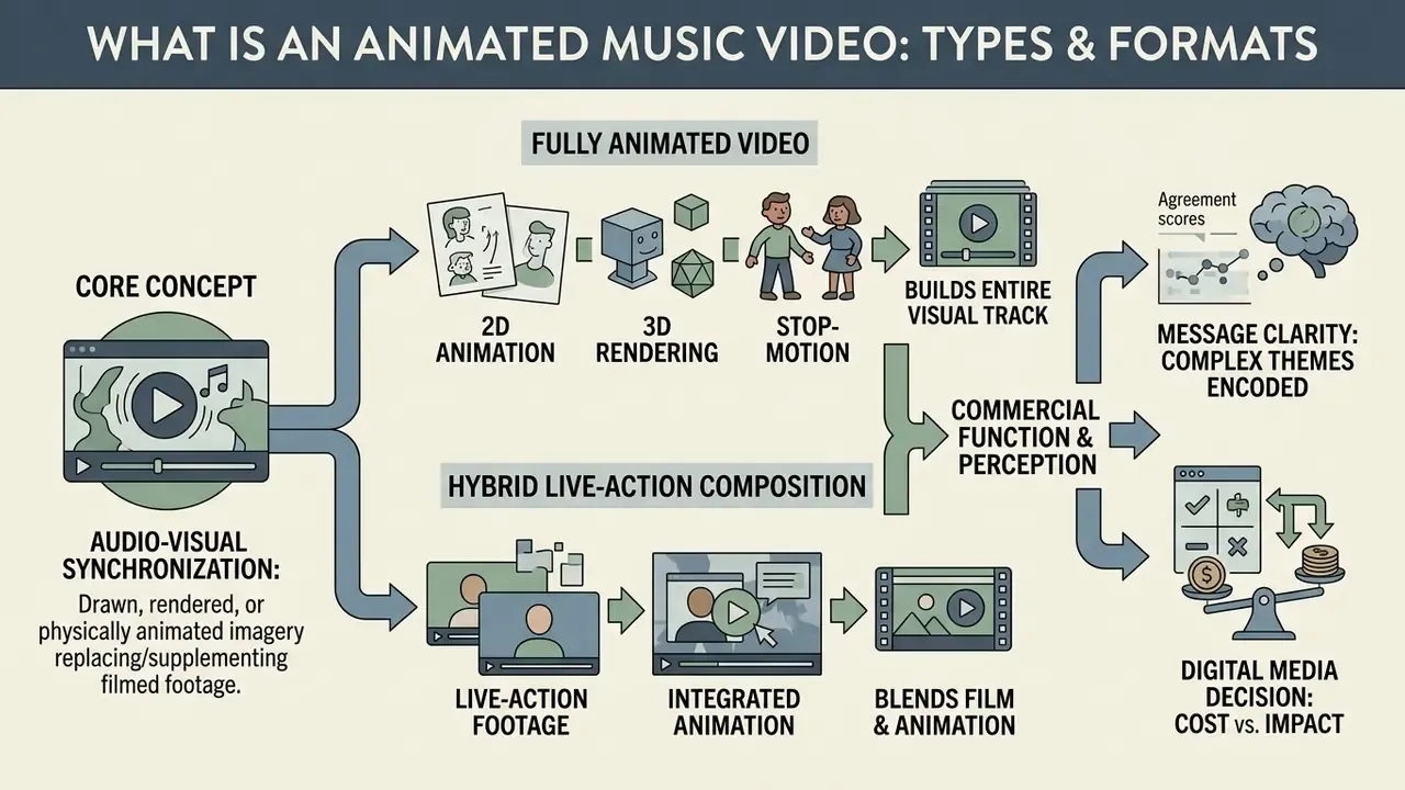 Infographic comparing fully animated video styles with hybrid live-action composition techniques