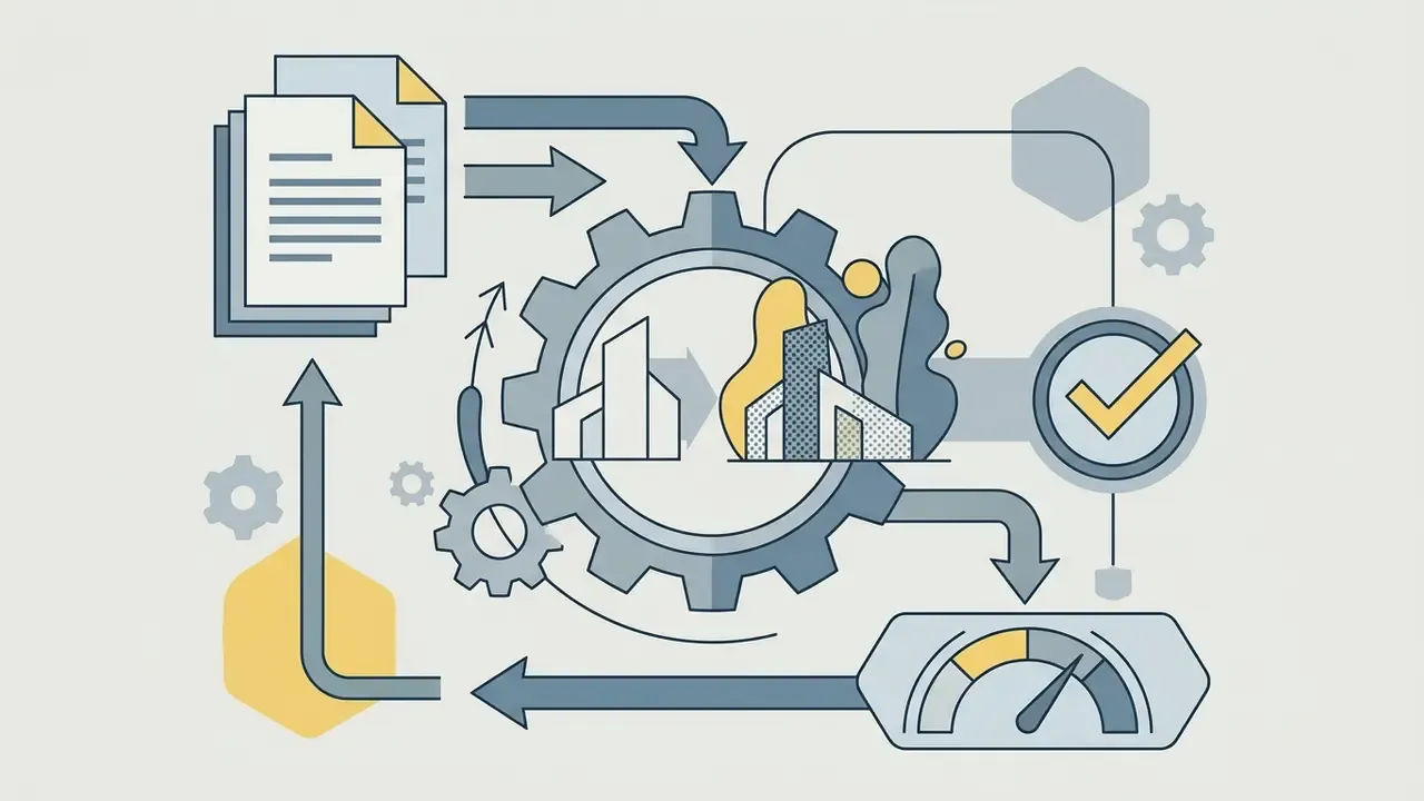 Central gear mechanism transforming input documents into stylized architectural art with status indicators