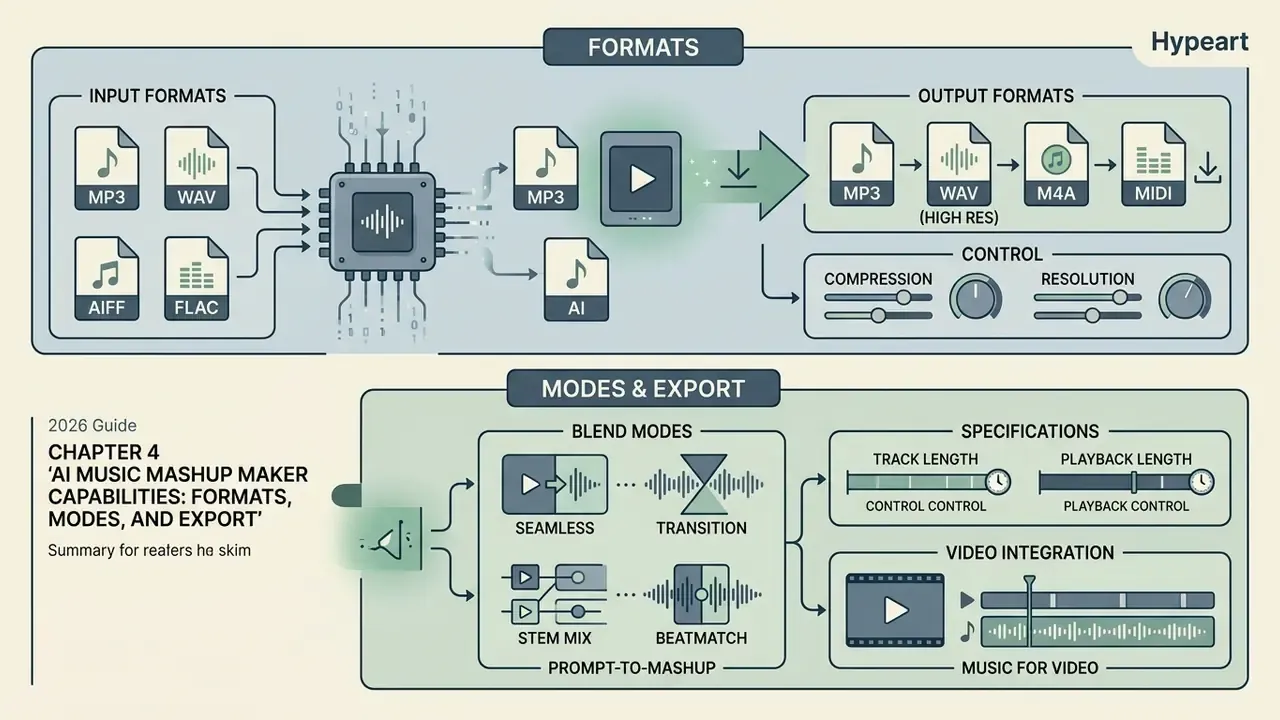 Infographic displaying audio file formats, processing controls, blend modes, and video integration options