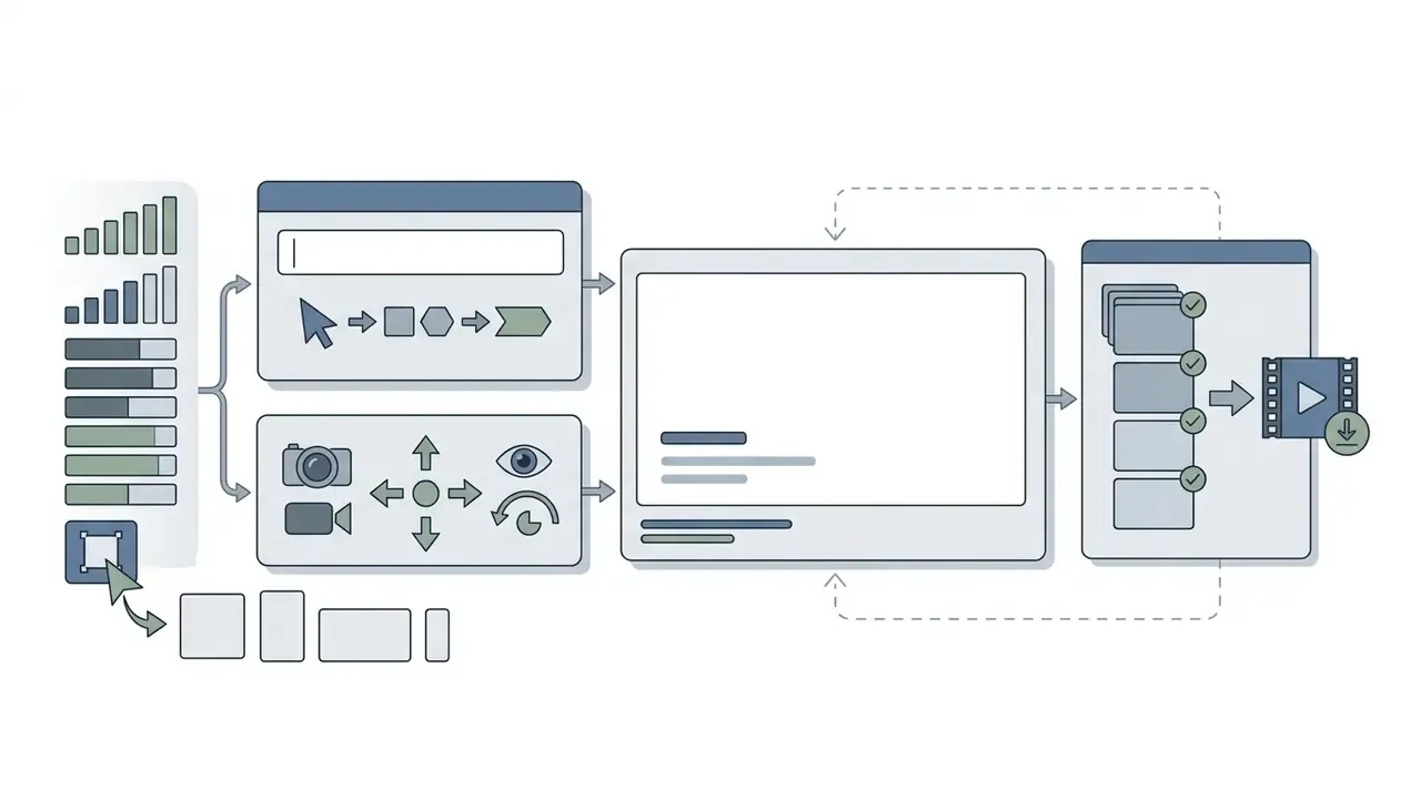 Prompt input fields, camera control icons, and video generation steps with final export