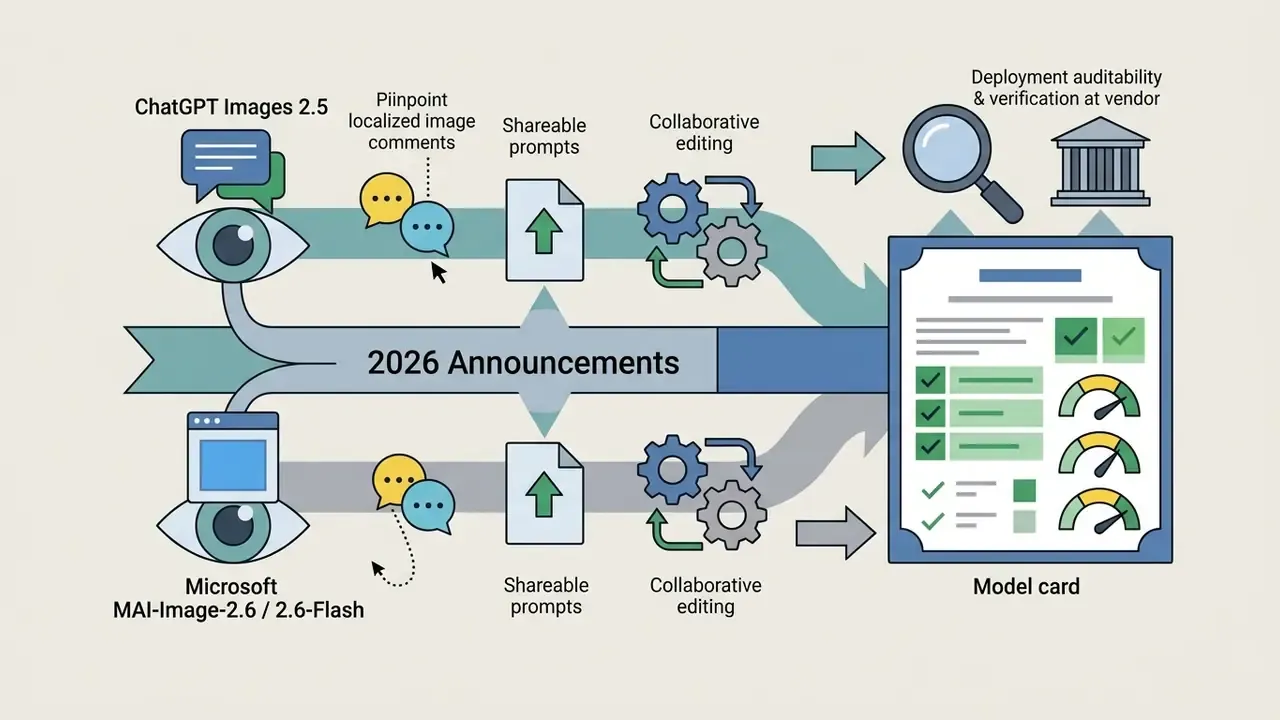 Visual representation of AI photo editor updates flowing into model card verification and audit processes