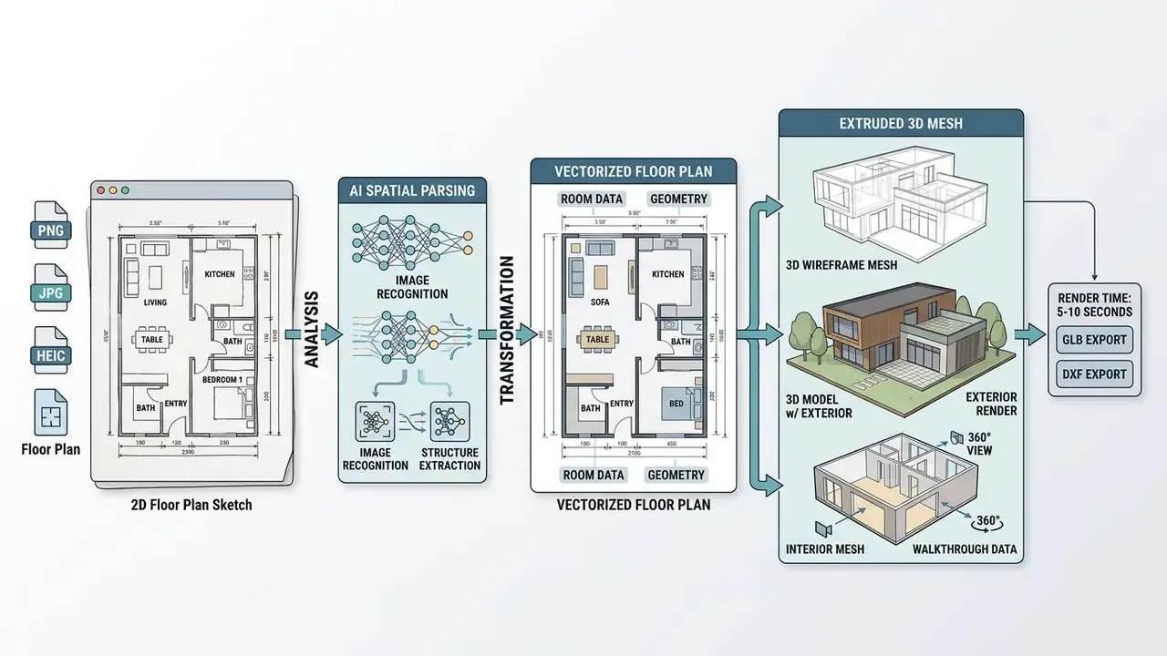 Flowchart showing the conversion of a 2D floor plan sketch into a vectorized layout and 3D architectural mesh