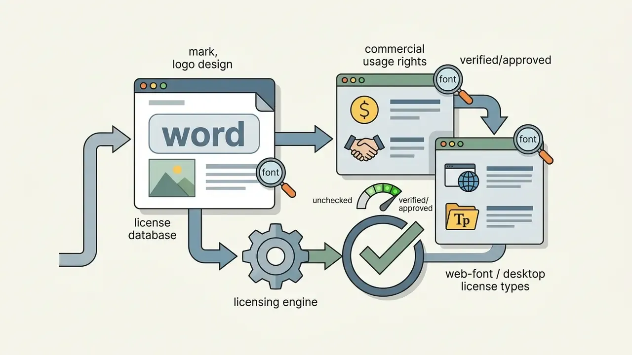 Flowchart showing font licensing verification for logo designs using a gear engine and status indicators