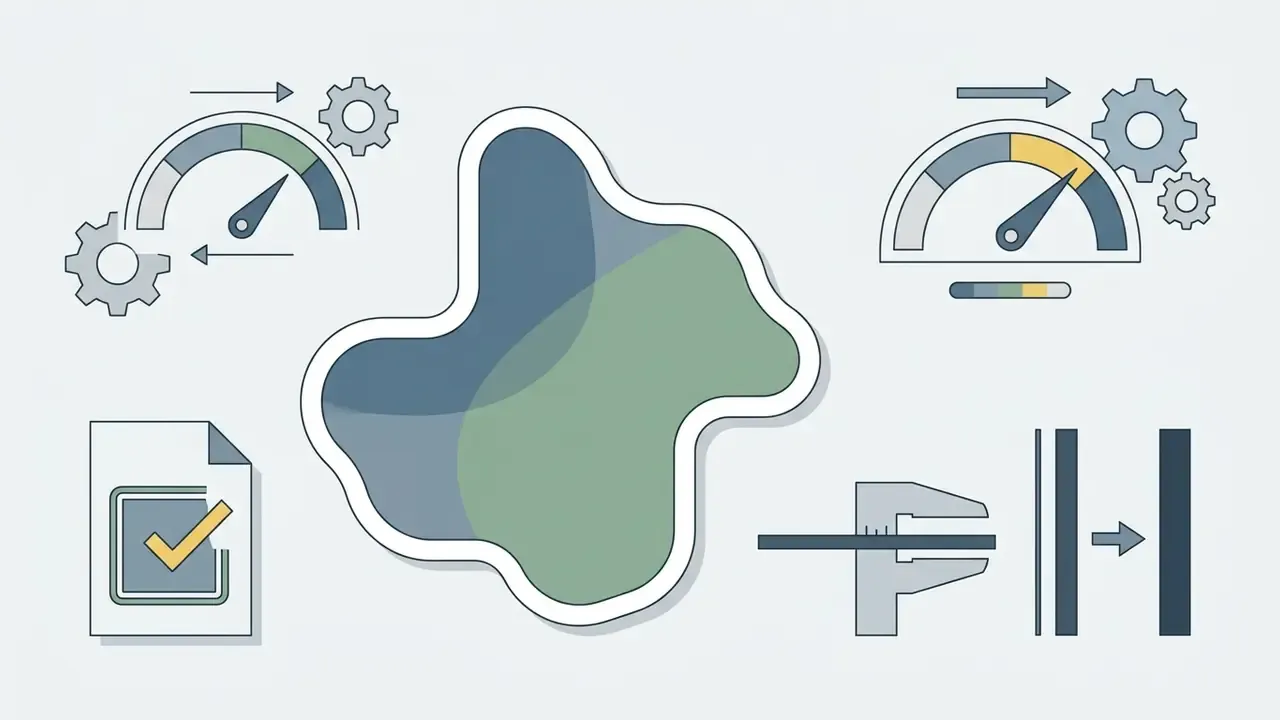 Abstract shape with a white border surrounded by speed gauges, a checklist, and a measurement tool