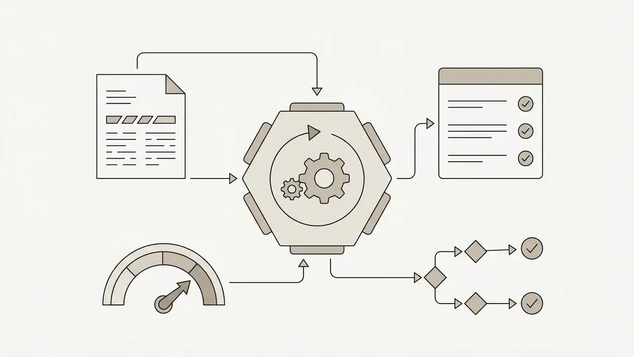 Document and gauge inputs feeding a central gear hub that outputs lists and branching decision paths