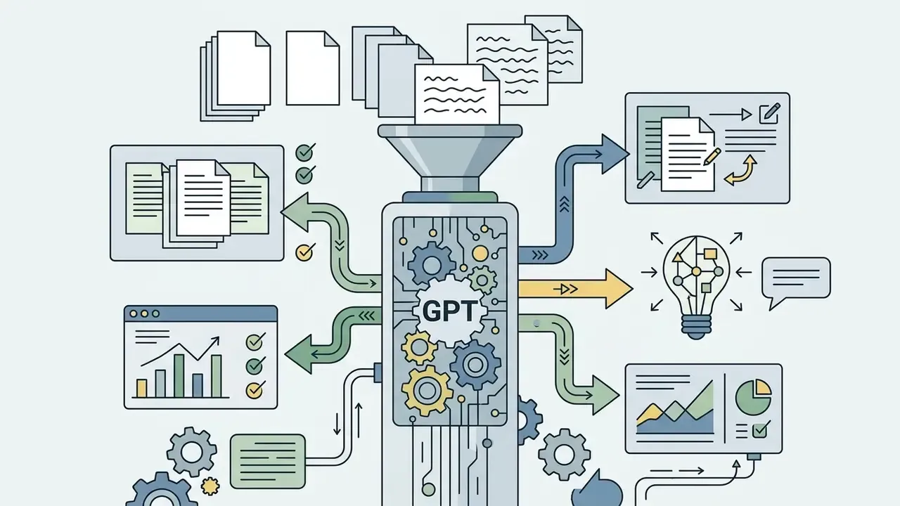 Central machine processing documents into various outputs like charts, lightbulbs, and edited text files