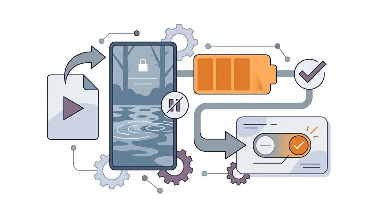 Mobile device with a paused lock screen animation connected to a battery icon and a toggle switch