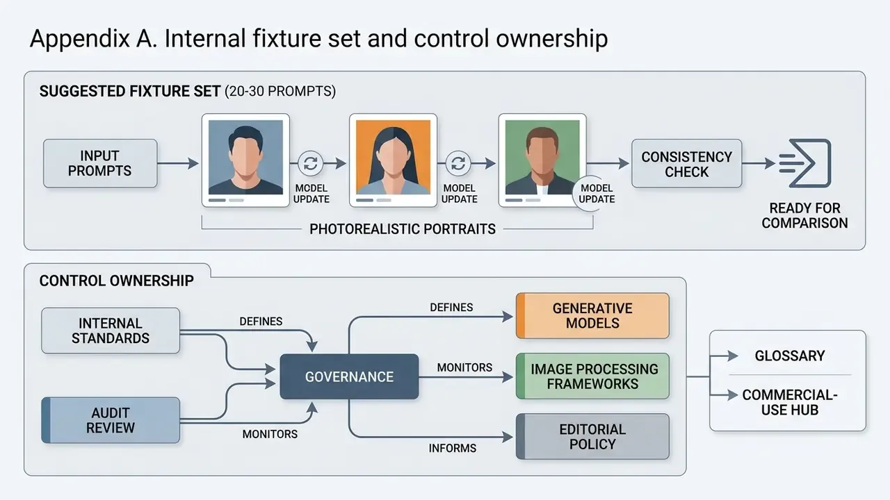 Diagram showing a photorealistic portrait fixture set process and a governance control ownership model