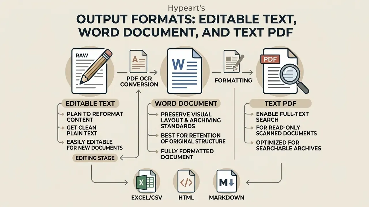 Flowchart comparing output formats for PDF image to text conversion including Word and searchable PDF