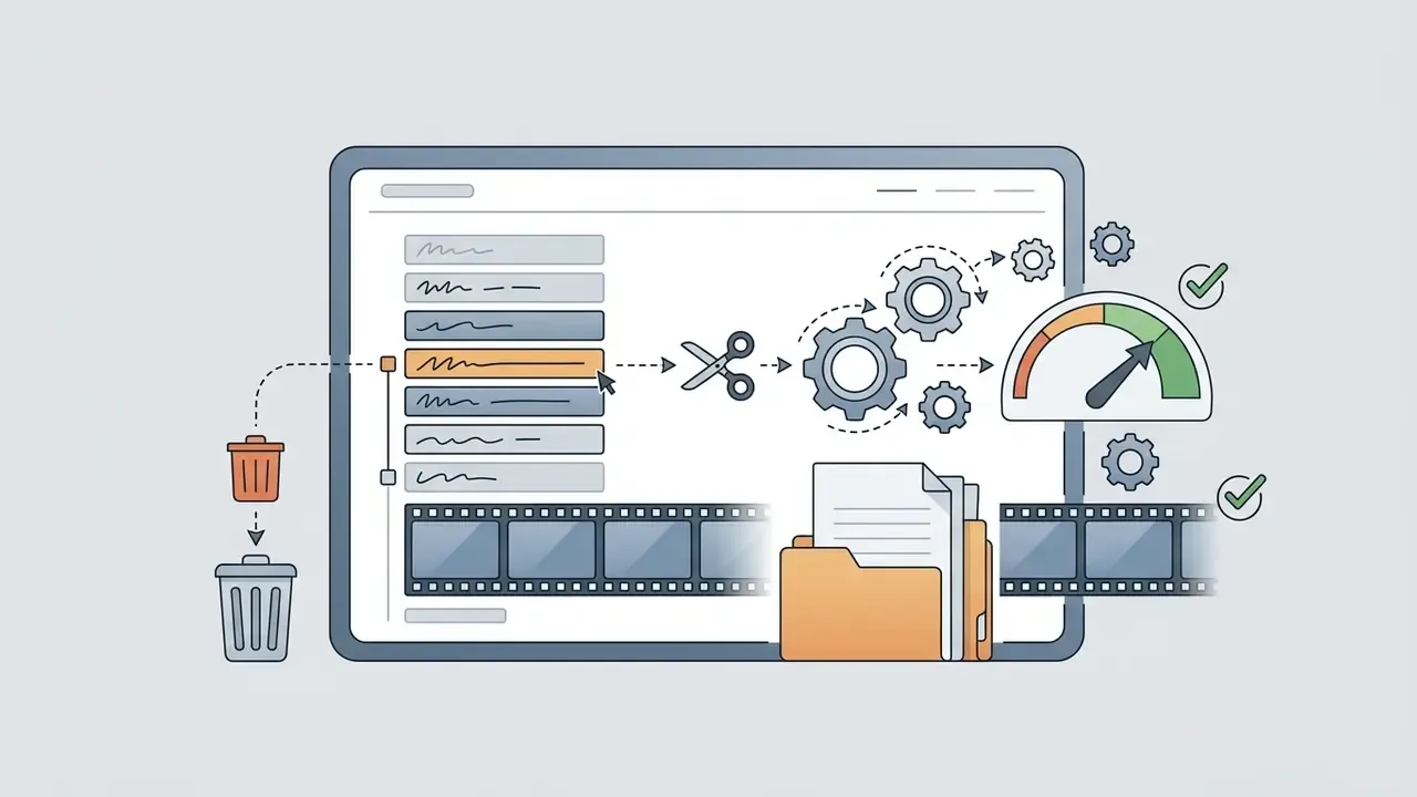 Interface showing text-based video editing where transcript lines are deleted to trim film strips