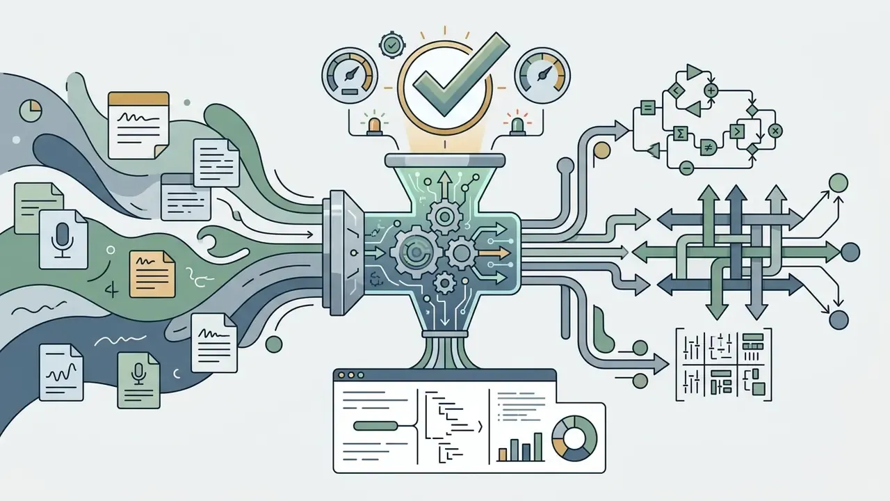Files and voice notes flowing into a central gear mechanism that outputs complex logic and data structures
