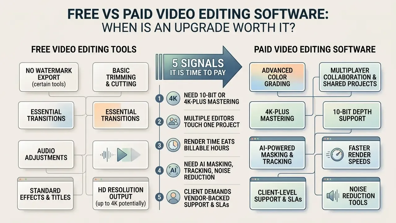 Diagram showing five key indicators for upgrading from free video editing tools to paid software