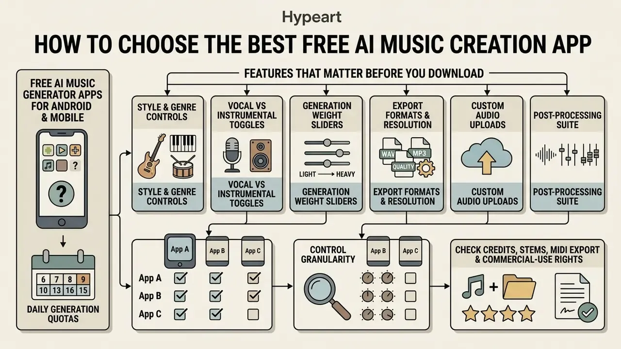 Diagram comparing key features like genre controls and export formats for a free AI music generator app