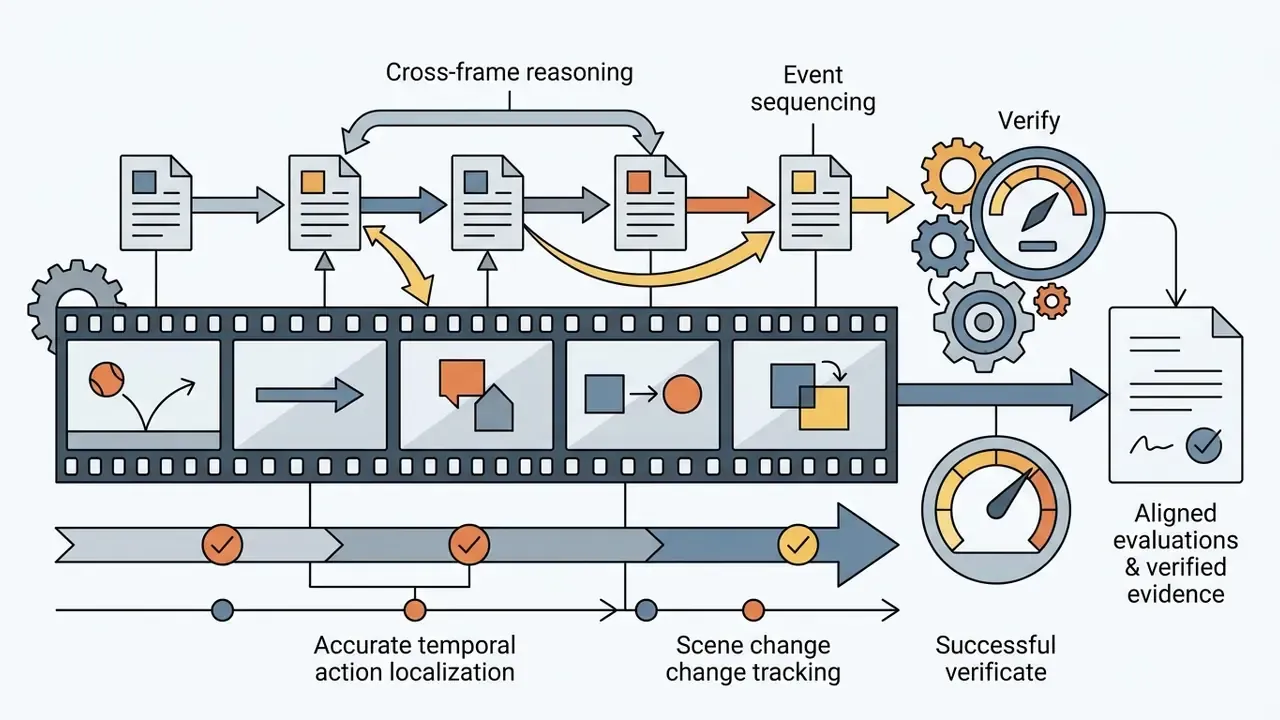Process showing video frames being analyzed for temporal tasks to produce aligned evaluations and evidence