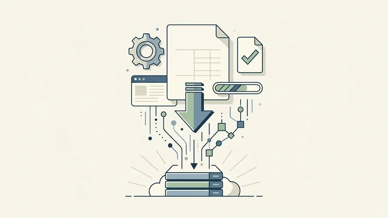 Document icon with a download arrow feeding digital data into a cloud server storage unit
